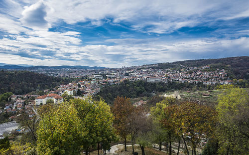 High angle shot of townscape against sky