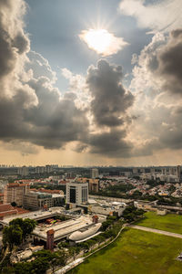High angle view of buildings against sky during sunset