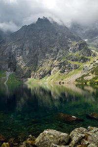 Scenic view of lake by mountains against sky