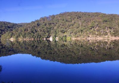 Scenic view of lake against clear blue sky