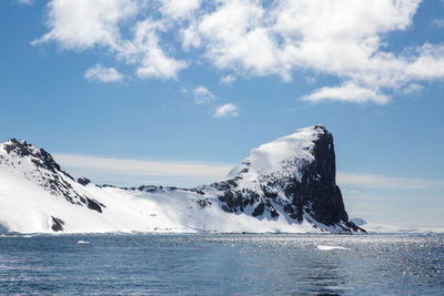 Scenic view of snowcapped mountains by lake against sky