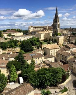 Saint emilion, france. panorama view of the medieval town. steeple of  monolithic church.