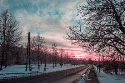 Road amidst bare trees against sky during winter