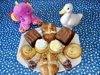 High angle view of dessert on table