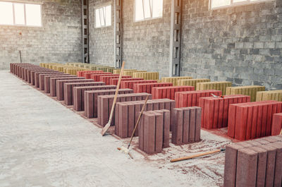 Drying of finished paving stones at the factory. concrete palisades. colored paving stones