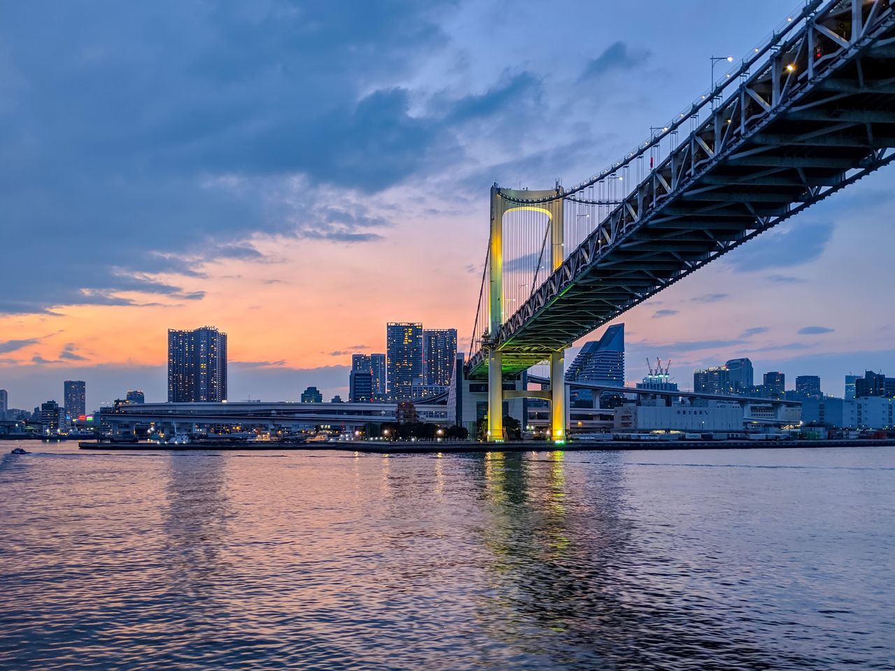 sky, cloud - sky, architecture, water, built structure, city, building exterior, connection, bridge, bridge - man made structure, waterfront, river, sunset, transportation, nature, no people, office building exterior, building, outdoors, skyscraper, cityscape, bay