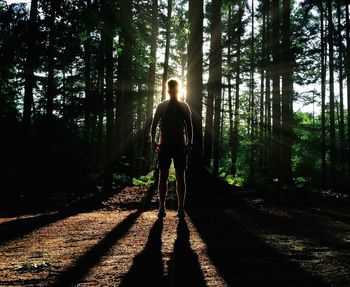 Full length of woman standing on tree trunk in forest