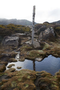 Scenic view of rocks by lake against sky