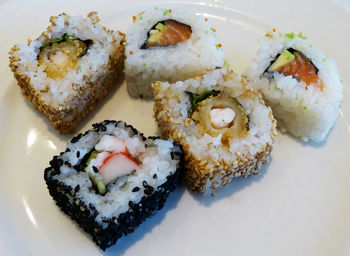 High angle view of sushi served in plate