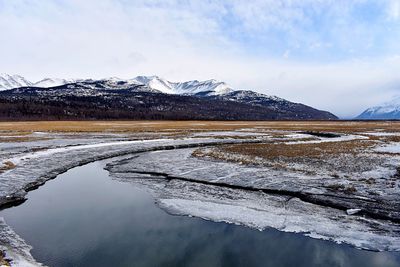Scenic view of snowcapped mountains against sky