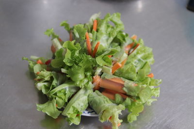 High angle view of chopped vegetables on table