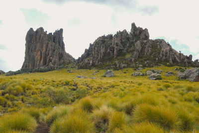 Hikers against rock formations at the mount satima dragons teeth in the aberdares, kenya