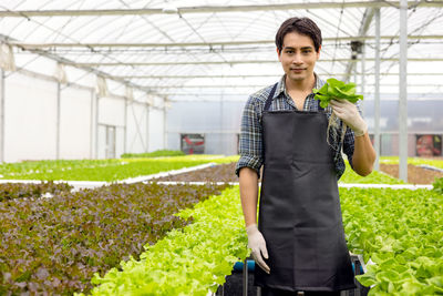 Portrait of smiling man standing in greenhouse