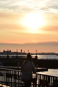 Rear view of man sitting on railing against sea