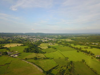 High angle view of agricultural field against sky