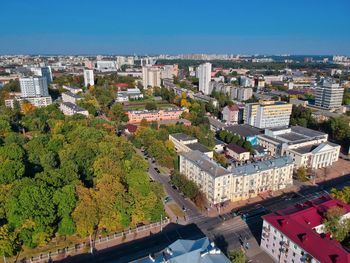 High angle view of buildings against sky