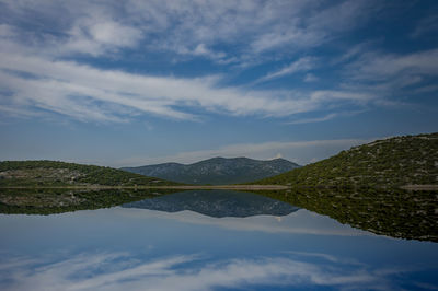 Scenic view of lake and mountains against sky