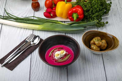 High angle view of fruits in plate on table