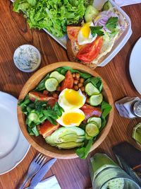 High angle view of breakfast on table