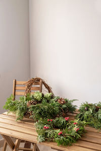 Potted plants on table against wall