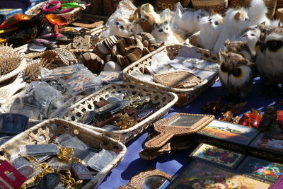 High angle view of pigeons for sale in market