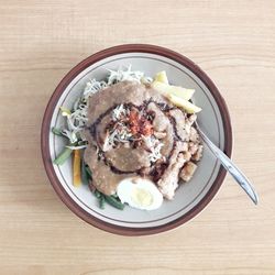 High angle view of breakfast served on table