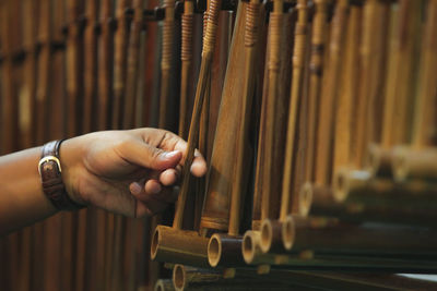 Cropped hand holding wooden equipment