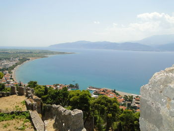 High angle view of town by sea