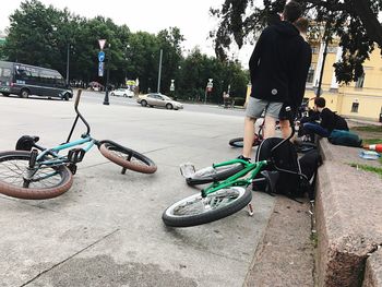 Bicycles parked on street in city