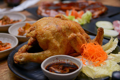 Close-up of food served on table