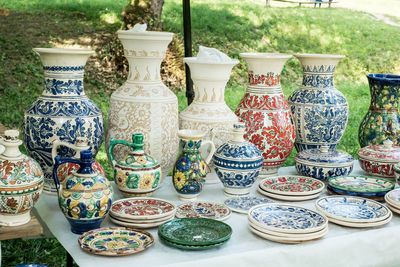 Close-up of potteries on table