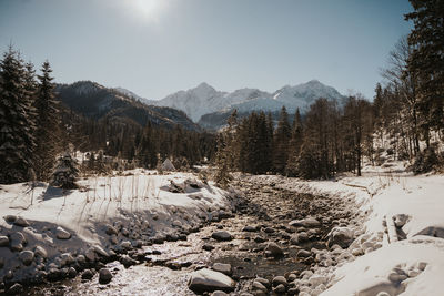 Snow covered landscape against sky