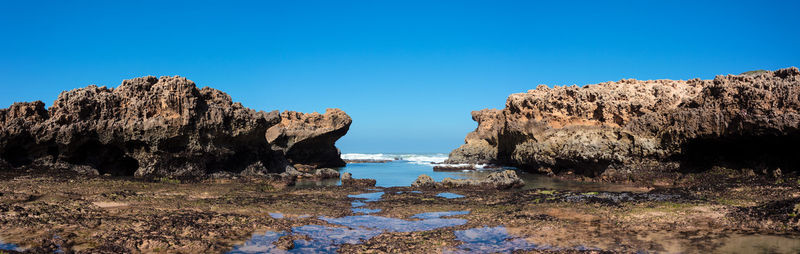 Scenic view of sea against clear blue sky