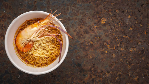 High angle view of soup in bowl on table