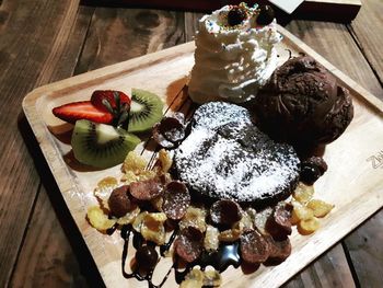 High angle view of chocolate cake on table