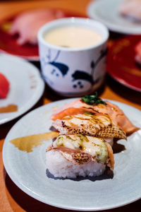 Close-up of dessert served on table