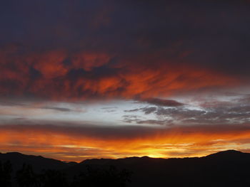 Low angle view of silhouette mountain against dramatic sky