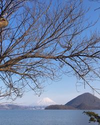 Scenic view of lake by snowcapped mountains against sky