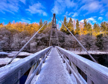 Footbridge over trees against sky