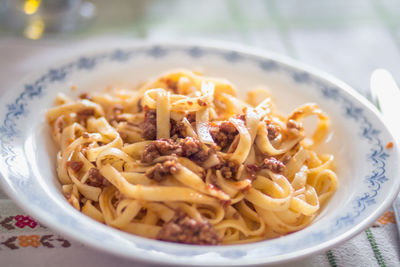 Close-up of noodles served in bowl