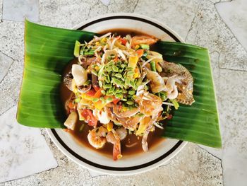 High angle view of meal served on table