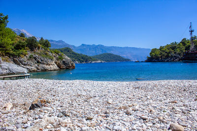 Scenic view of sea against clear blue sky