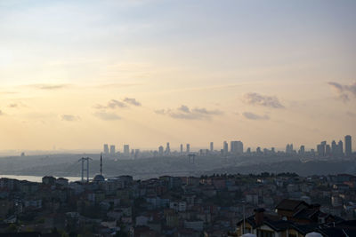 High angle view of buildings against sky during sunset