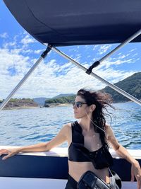 High angle view of woman on a yacht in a sea excursion 