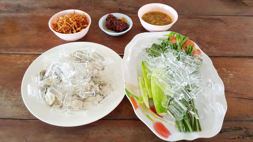 High angle view of breakfast served on table