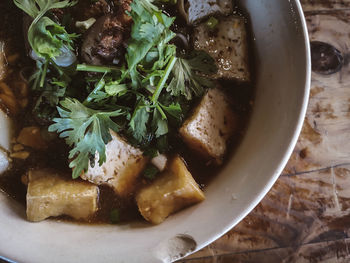 High angle view of soup in bowl on table