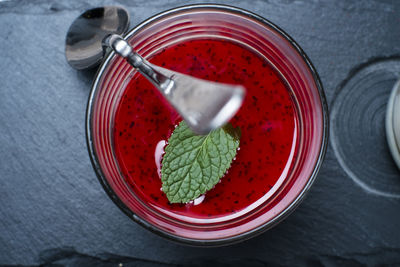 High angle view of drink on table