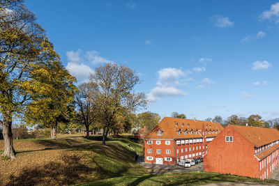 Trees and houses on field against sky