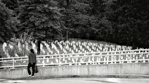 Rear view of woman walking on bridge against trees
