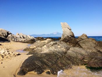Rocks at beach against clear blue sky